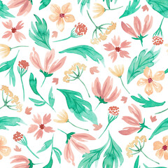 Meadow seamless pattern hand drawn with watercolor. Light yellow, red, beige abstract flowers and mint leaves. Repeat floral print for textile, fabric, clothing. Spring, summer floral tile