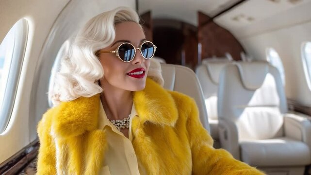 Luxury Journey: A stylish individual, adorned in a vibrant yellow coat and fashionable sunglasses, enjoying a luxurious travel experience, exuding elegance and sophistication inside a private jet.