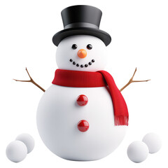 Charming Snowman with Top Hat and Red Scarf in Winter Wonderland Scene, isolated on transparent background.