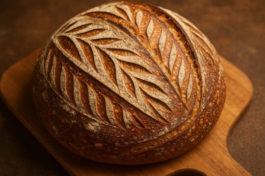 Close up of a loaf of bread with leaf pattern scoring on a wood board
