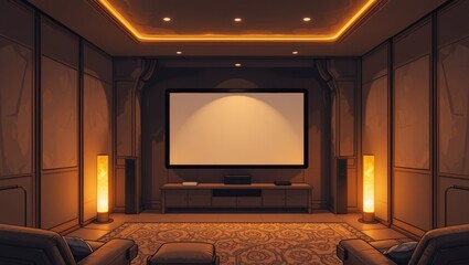 Elegant Home Theater Interior Design with Soft Ambient Lighting and Large Projection Screen