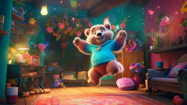 Bear Dancing to Music in a Vibrant, Cozy Room