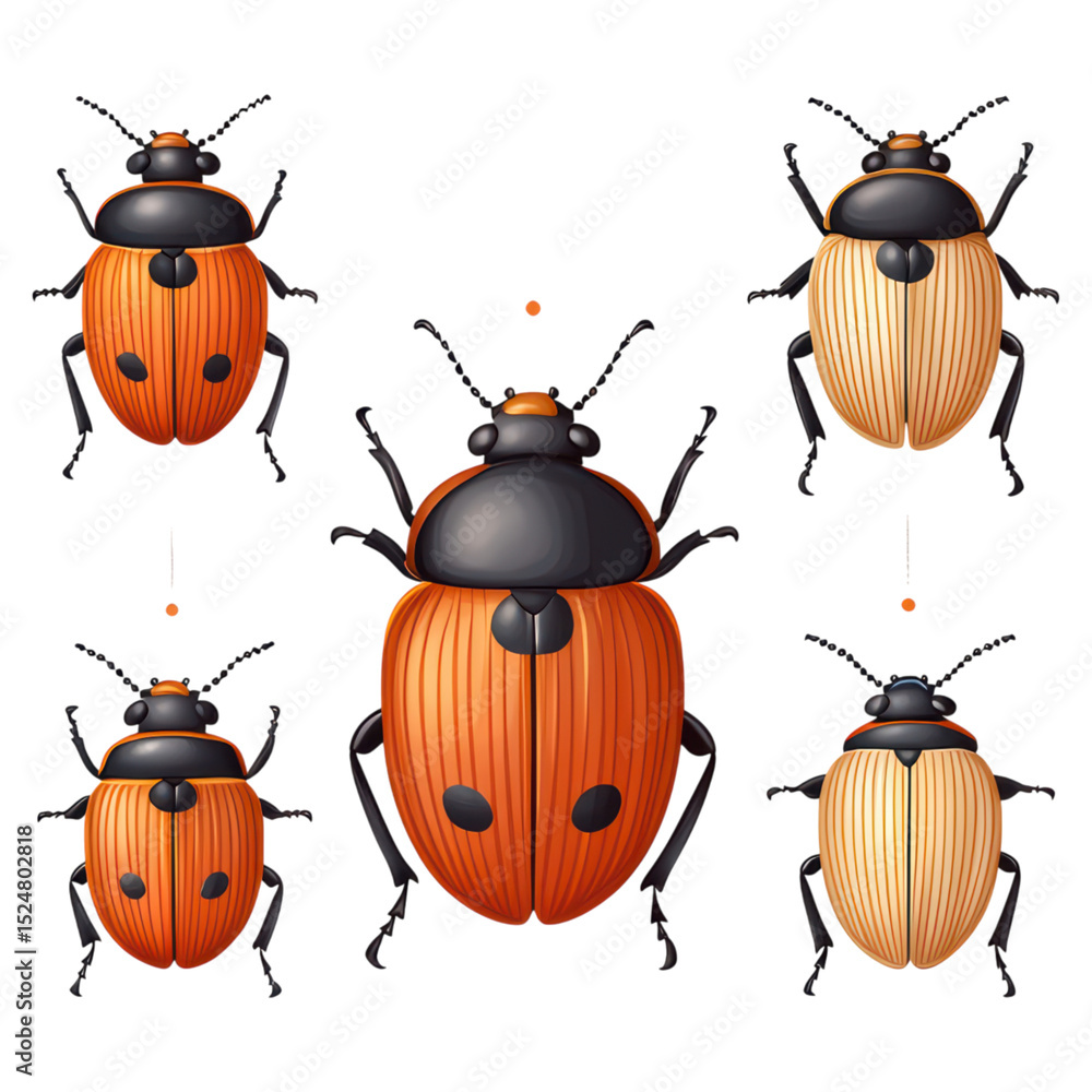 Poster colorful beetles with different patterns and designs for creative projects, isolated on transparent 