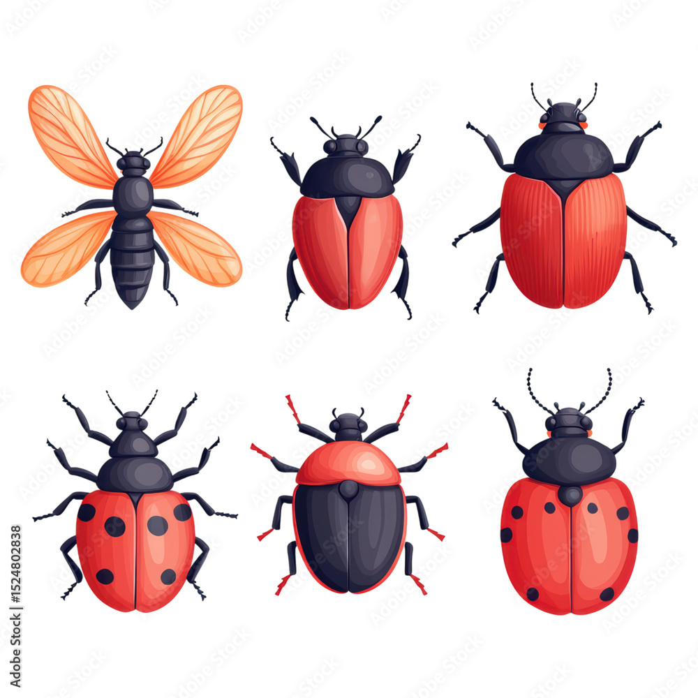 Poster colorful insects illustrations with distinctive patterns and features, isolated on transparent backg
