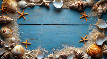Seashells starfish and sand on blue wood background
