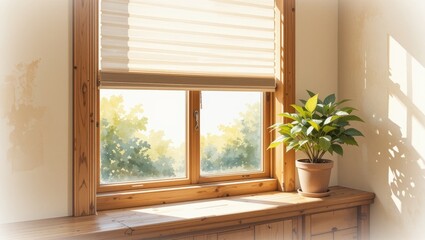 Bright Interior Window with Light Filtering Shades and Potted Plant Overlooking Lush Greenery