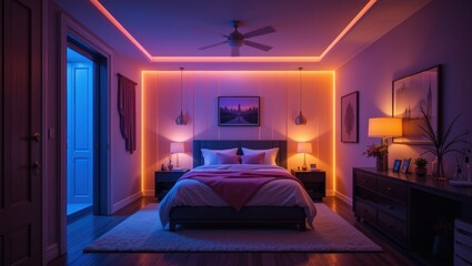 Modern Bedroom Interior with Soft Colorful Lighting and Cozy Atmosphere in Evening Hours