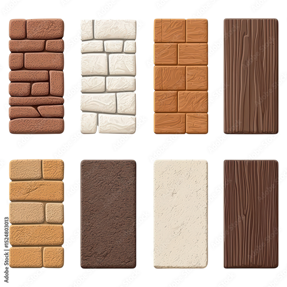 Poster textured tiles and bricks in various colors and finishes for design projects, isolated on transparen