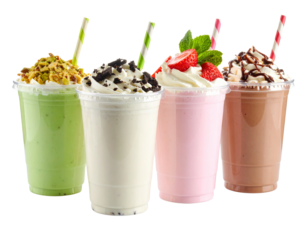 Set of Four Colorful Milkshakes with Toppings in Clear Plastic Cups, Transparent Background.PNG
