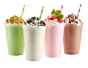 Gardinen Set of Four Colorful Milkshakes with Toppings in Clear Plastic Cups, Transparent Background.PNG © MstMukta