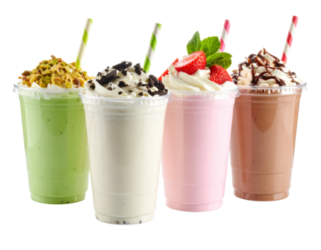 Set of Four Colorful Milkshakes with Toppings in Clear Plastic Cups, Transparent Background.PNG