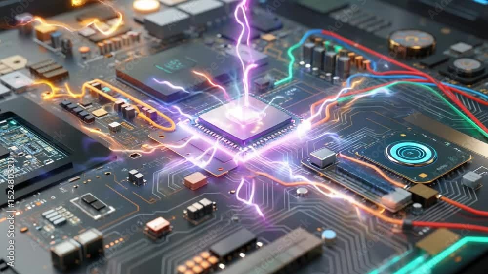 Poster high-tech circuit board closeup featuring advanced processor technology and energy flow