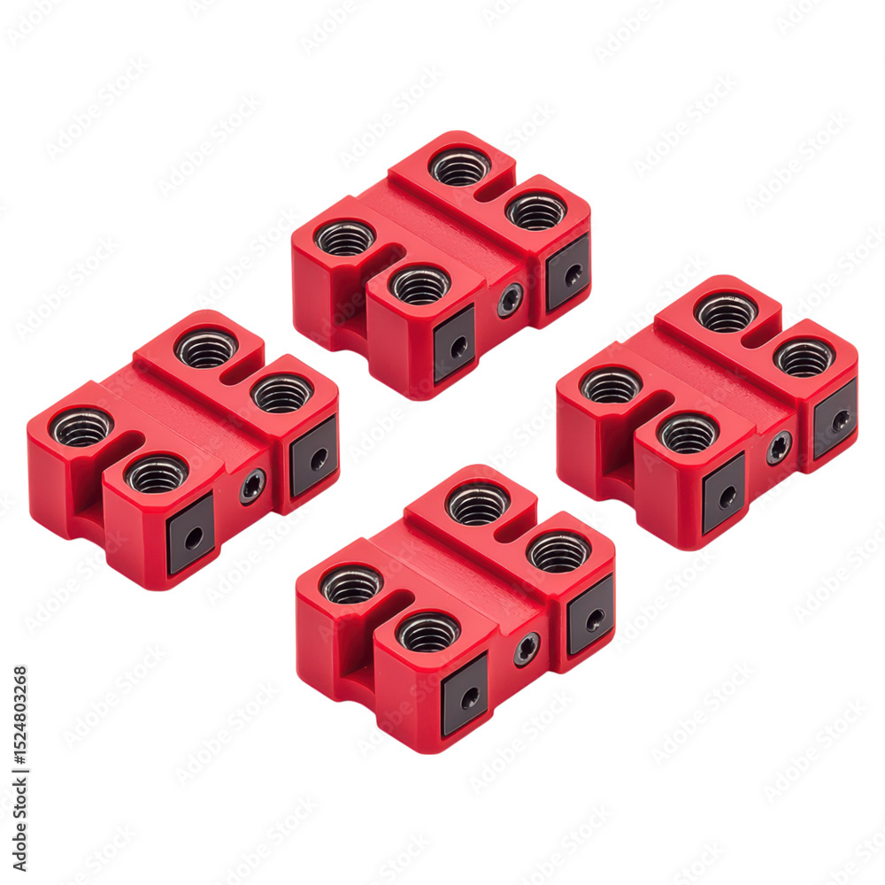 Poster red clamps for secure connection in mechanical and engineering applications, isolated on transparent