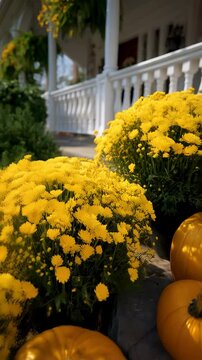 Autumnal pumpkins and bright yellow mums decorating a residential porch with stairs during a sunny day, creating a fall season scene.