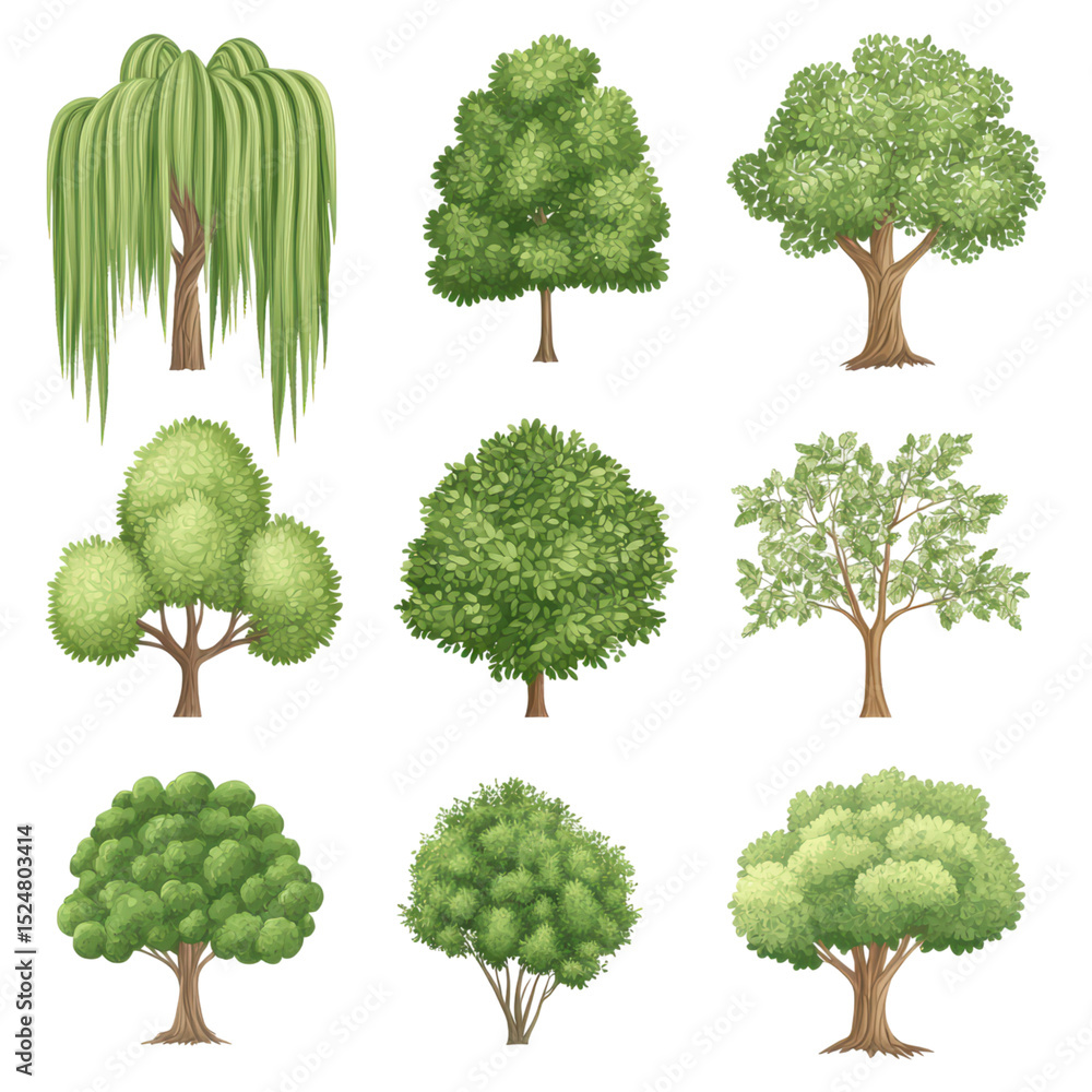 Poster various types of trees illustrated with unique shapes and textures, isolated on transparent backgrou