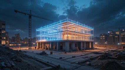 Modern Construction Site with Neon Lights Illuminating a Building at Night in Urban Environment