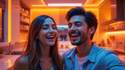 Happy Couple Laughing Together While Taking Selfie in a Stylish Modern Kitchen with Warm Lighting