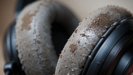 Macro Close-Up of Frosted Headphones Highlighting Details of Wear and Moisture on the Surface
