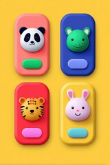 Colorful Kids App Interface with Animal-Shaped Buttons in Bold Primary Colors