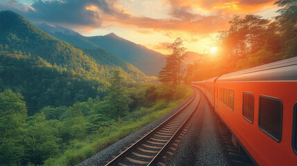 train traveling along railway track next to dense green forest, locomotive moving through scenic nature, bright daylight, clean environment, transportation and travel concept