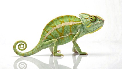 Obraz premium Green veiled chameleon standing on reflective surface isolated on white background 