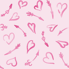 Pink hearts and cupid arrows seamless pattern hand drawn with watercolor. Romantic design with abstract hand painted hearts. Girlish Valentine, Wedding digital paper in cute cartoon style
