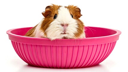 Adorable guinea pig sitting in a pink plastic bowl, curious expression on white background
