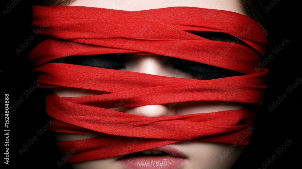 Poster woman's face is partially covered with red fabric strips creating a mysterious and artistic look