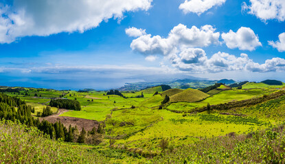 Landscape with small volcano in Sao Miguel island seen from the miradouro do Pico do Carvao, Azores archipelago, Portugal