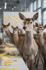 Fototapeta premium Deer Leading Team-Building Session in Bright Office with Sticky Notes