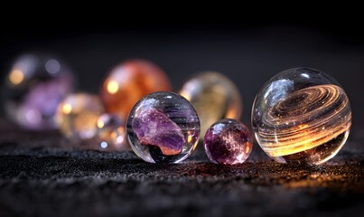 natural crystal spheres with high transparency and internal inclusions, each shaped like planets floating in a spiral galaxy, Generative AI