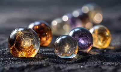 natural crystal spheres with high transparency and internal inclusions, each shaped like planets floating in a spiral galaxy, Generative AI