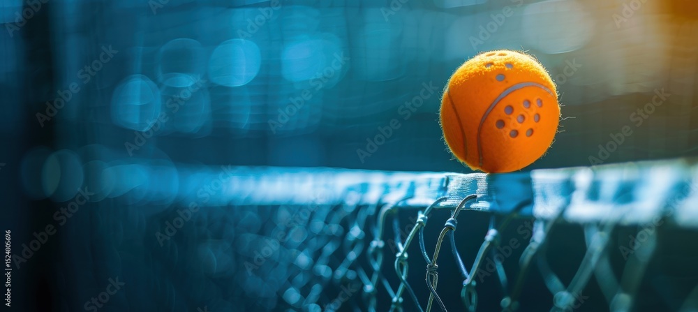Poster dynamic pickleball action shot with ball flying over net