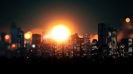 Cinematic sunset illuminates city skyline with glowing bokeh lights, creating warm and serene atmosphere. silhouette of modern skyscrapers contrasts beautifully with vibrant sky