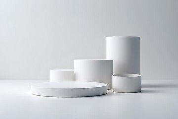 Minimalist white cylinder podiums and platforms for product display and presentation purposes