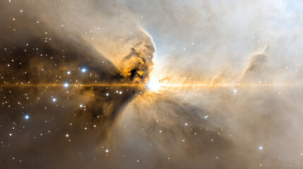 Mesmerizing cosmic scene featuring glowing nebula with radiant light beams and floating stars, surrounded by soft, colorful clouds of gas and dust in space