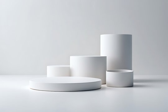 Minimalist white cylinder podiums and platforms for product display and presentation purposes