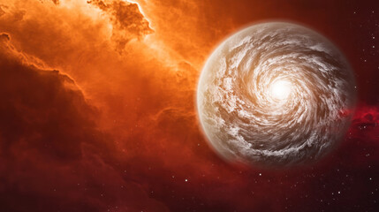 Glowing spiral galaxy like planet surrounded by vibrant orange and red cosmic clouds, creating high contrast, watercolor style celestial scene