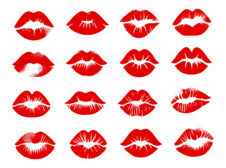 Collection of Sexy Lipstick Kiss Stencil Vector Illustrations – Red Lip Prints, Kiss Marks, Romantic Makeup Icons for Valentine’s Day, Beauty Branding, Fashion Posters, and Romantic Designs