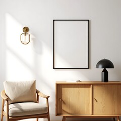 Modern interior design featuring blank picture frame wooden cabinet and stylish furniture