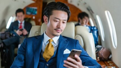 Businessman on Private Jet: A focused businessman in a sharp navy suit checks his smartphone during a private jet flight, exuding an air of sophistication and success. - Powered by Adobe