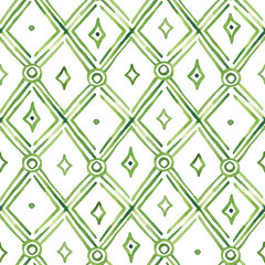 Ethnic ornament seamless pattern hand drawn with watercolor. Hand painted abstract lines. Geometric digital paper textile, fabric, packaging. Green mosaic seamless tile