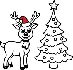 Cartoon Christmas Reindeer with Santa Hat and Decorated Tree Outline Illustration