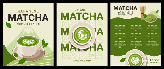  vector illustration of matcha green tea, cafe shop, background and banner template design, food and drink concept, poster and promotion