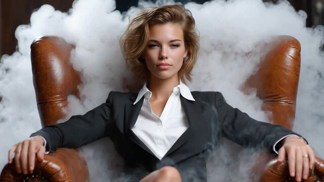 Elegant Silhouette: A sophisticated woman sits regally in a plush armchair, emanating an aura of confidence and poise. The image, filled with a wispy fog, whispers of ambition, success.