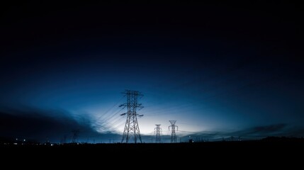 Nighttime industrial landscape with silhouettes of tall electrical pylons interconnected by power lines stretching across a dark, moody sky. Deep blue hues with hints of lighter clouds near the horizo