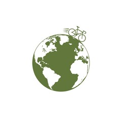 Bike tour, bicycle with globe icon isolated on white background
