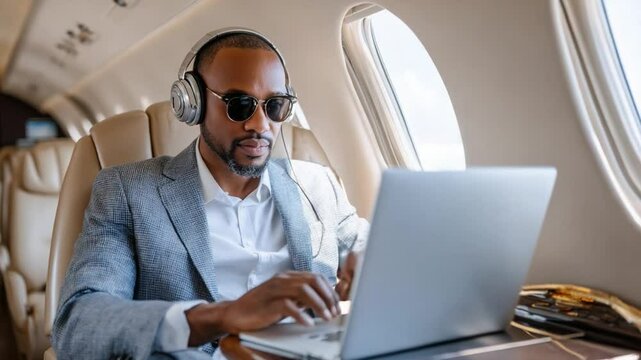 Laptop Oasis: An elegantly dressed individual works on their laptop, enveloped in the serene atmosphere of a private jet, with large windows offering a glimpse of the clouds. 