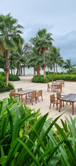 Outdoor Dining Area with Wooden Tables and Chairs Under Palm Trees Near the Sea. Tropical Resort Restaurant Setup.