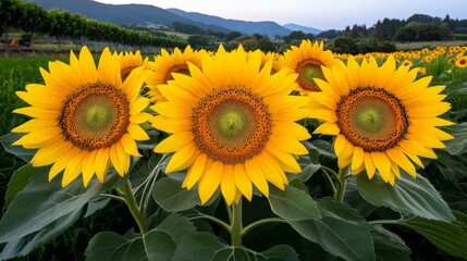 Obraz premium Sunflowers bloom vividly in a lush green field with rolling hills and distant mountains in the background